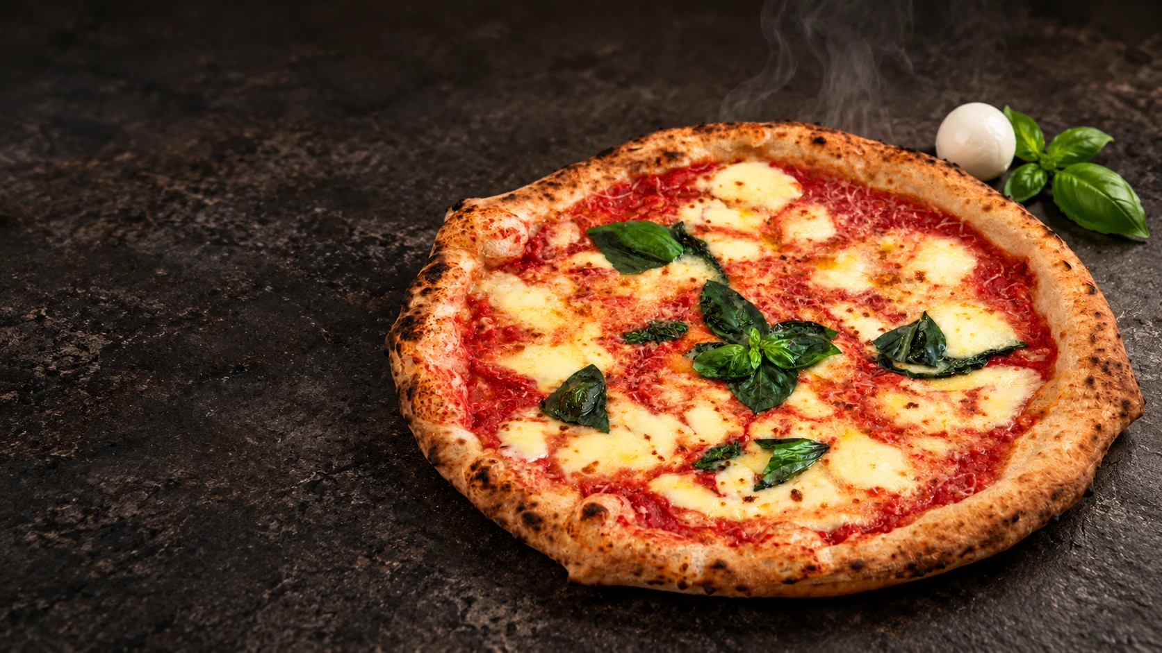 Margherita fierbinte pe piatră, cu mozzarella și busuioc